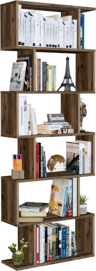 Pochon Home Boekenkast Zigzag met 6 Vakken Bruin Design Boekenrek Kast Opbergkast