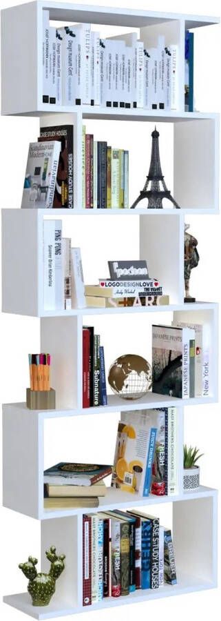 Pochon Home Boekenkast Zigzag met 6 Vakken Wit Design Boekenrek Kast Opbergkast Zeus