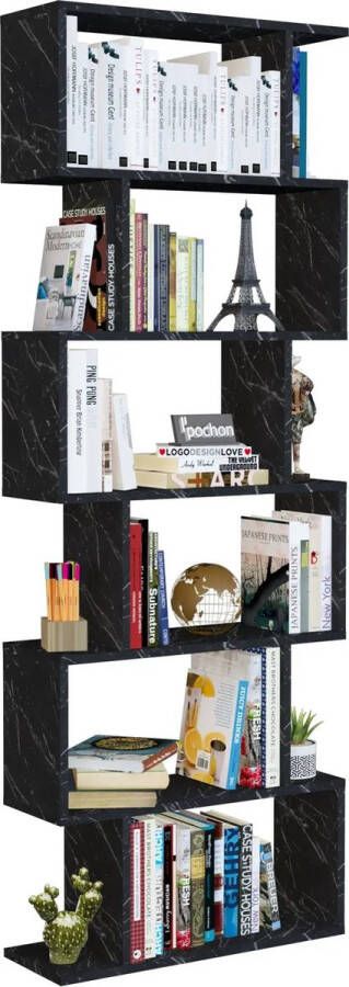 Pochon Home Boekenkast Zigzag met 6 Vakken Zwart Marmer Design Boekenrek Kast Opbergkast Zeus