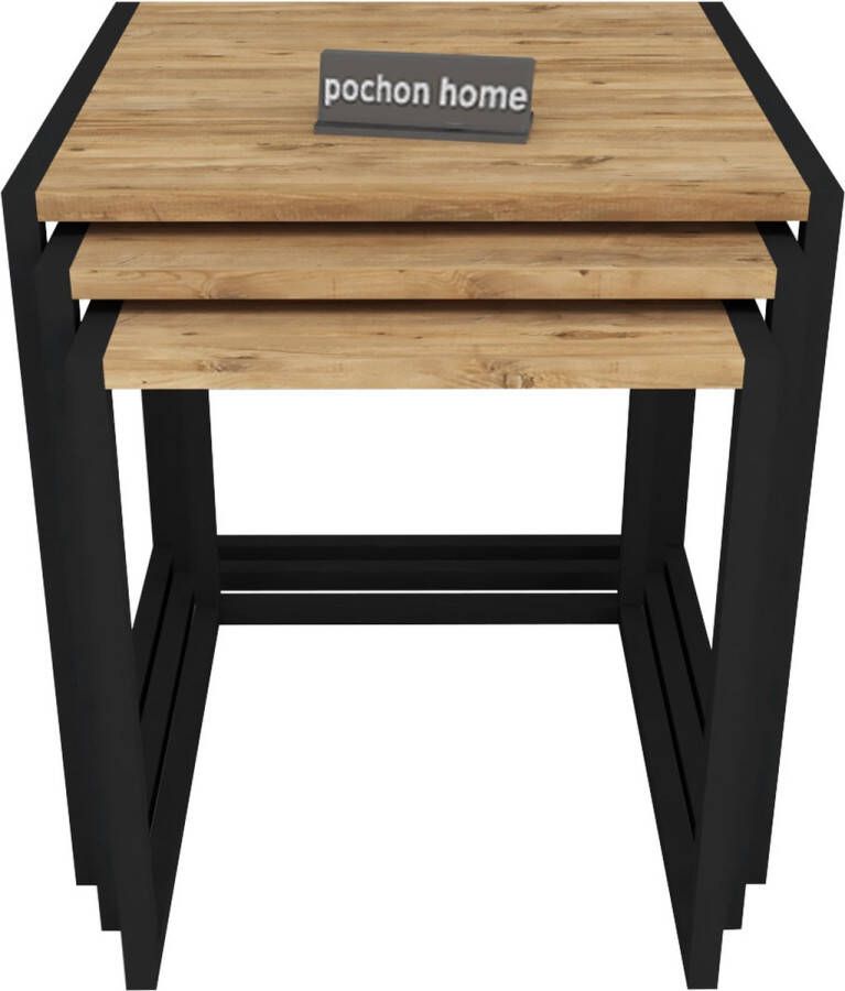 Pochon Home Metaal Bijzettafel Pijnboom Set van 3 Nachtkast