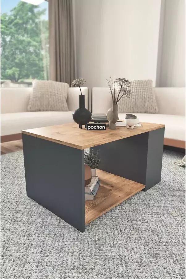 Pochon Home Salontafel met Open Lade Antraciet Pijnboom 90x60x48 Salontafels Salontafel Industrieel Salontafel met Opbergruimte - Foto 3