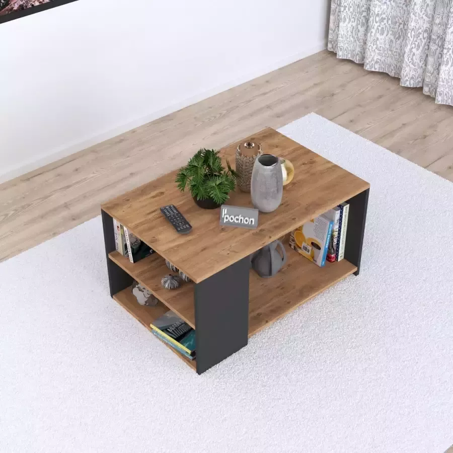 Pochon Home Salontafel met Open Lade Antraciet Pijnboom 90x60x48 Salontafels Salontafel Industrieel Salontafel met Opbergruimte