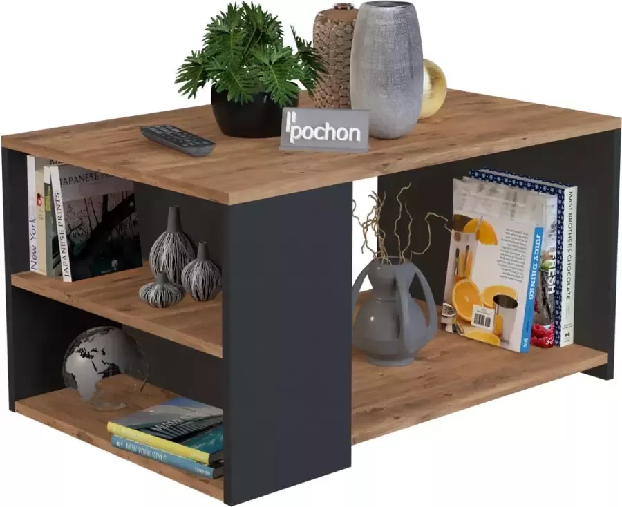 Pochon Home Salontafel met Open Lade Antraciet Pijnboom 90x60x48 Salontafels Salontafel Industrieel Salontafel met Opbergruimte - Foto 2