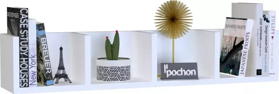 Pochon Home Wandkast 4 vakken Wit Boekenkast Wandplank Zwevende Kast 90x17x18