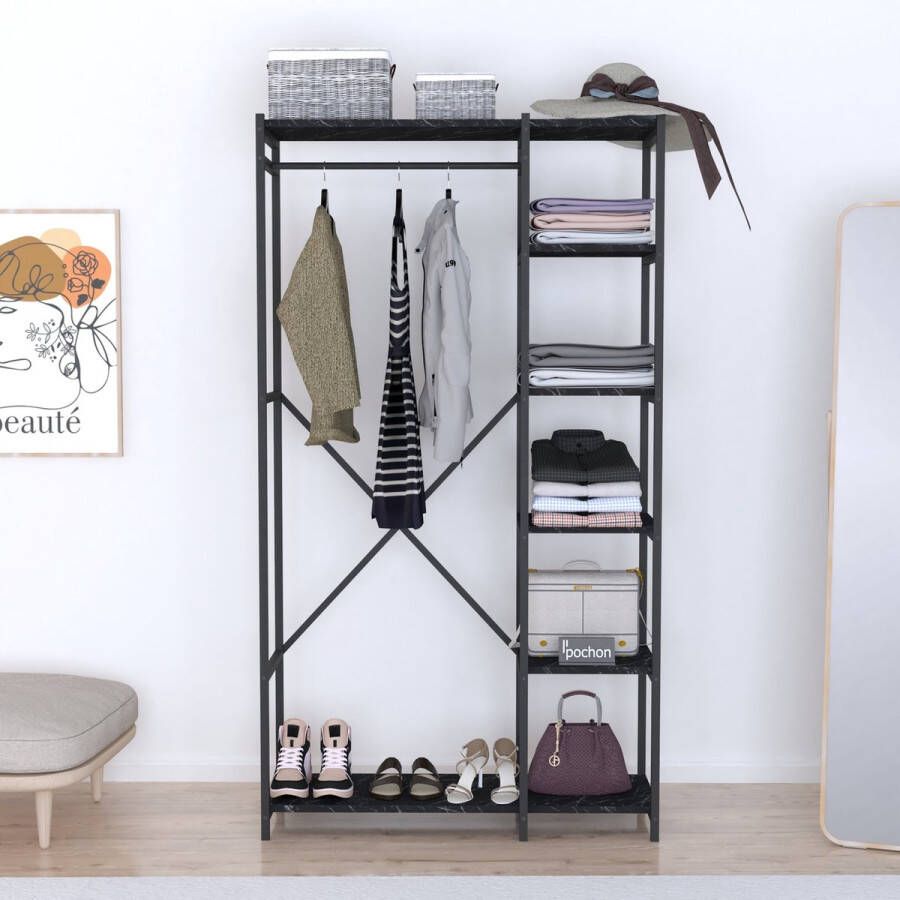 Pochon Home Kledingkast Zwart Marmer Open Kast Industrieel Kledingkast Slaapkamer Kledingrek 35x100x180 Open Kledingkast Kledingkasten Slaapkamer