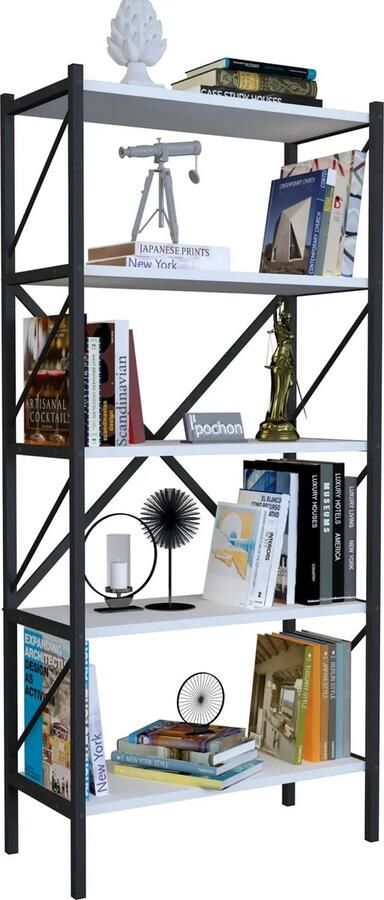 Pochon Boekenkast Demeter Wit 34x66x160 Boekenrek Kast Opbergkast Industrieel Laagpolige Vloerkleed Kortpolige Vloerkleed