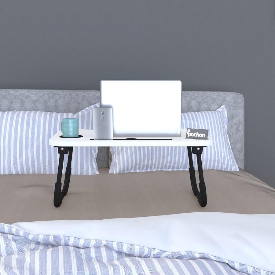 Pochon Inklapbare Bedtafel Met Beker- En Telefoonhouder Wit 39x59x26 Bijzettafel Bedtafel Laagpolige Vloerkleed Kortpolige Vloerkleed