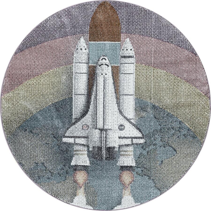 Pochon Tapijt Funny Blauw 120x120x1 1 Vloerkleed Raket Hoogpolige Vloerkleed voor Kinderkamer Speelkleed Ronde Vloerkleed Ronde Tapijt