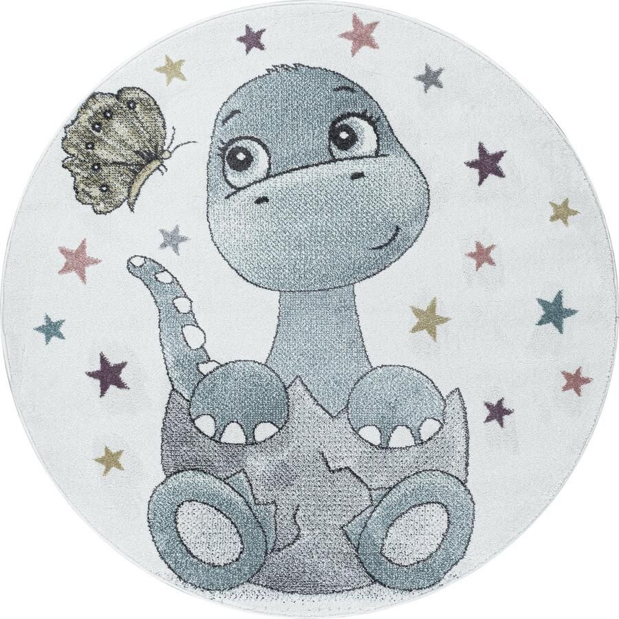 Pochon Tapijt Funny Blauw 160x160x1 1 Vloerkleed Dinosaurus Hoogpolige Vloerkleed voor Kinderkamer Speelkleed Ronde Vloerkleed Ronde Tapijt