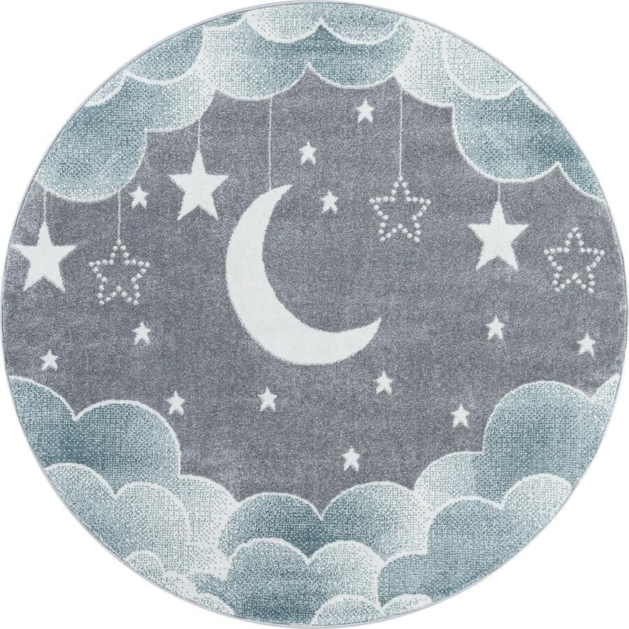 Pochon Tapijt Funny Blauw 160x160x1 1 Vloerkleed Maan en Sterren Hoogpolige Vloerkleed voor Kinderkamer Speelkleed Ronde Vloerkleed Ronde Tapijt