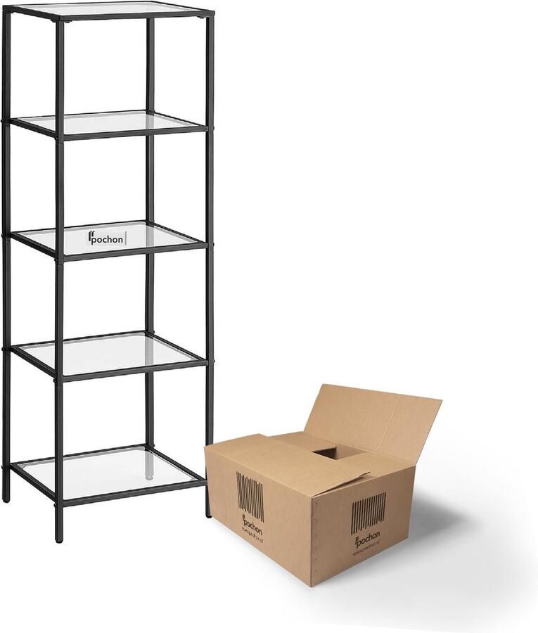 Pochon Industriële Glazenkast Gallery5 Zwart 30x40x125 Boekenkast Ladderkast Vakkenkast Kast Opbergkast