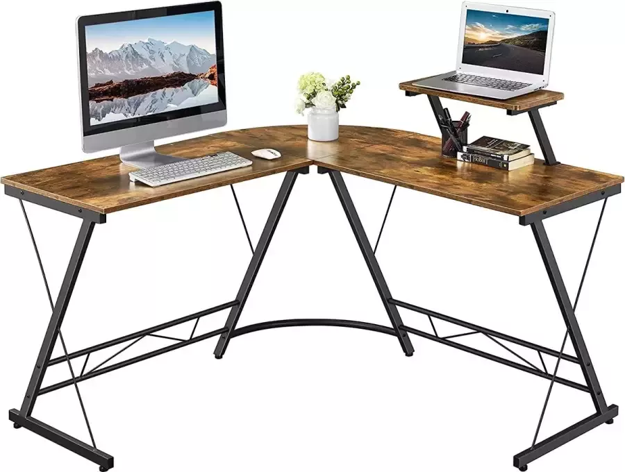 Podec L-vormig Bureau Industrieel Computertafel Laptoptafel Computerbureau Bureautafel Met monitorstandaard Hoekbureau