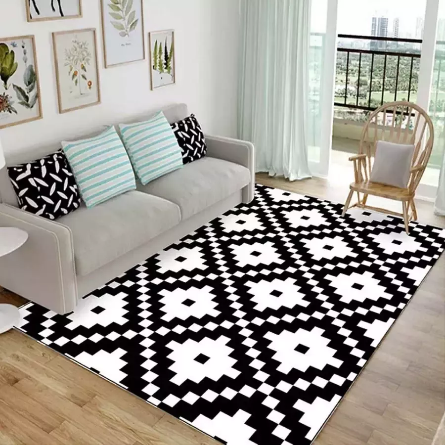 Polaza Geometrie Tapijt Anti-Slip Vloerkleed Geometrisch Patroon Tapijten Voor Woonkamer & Slaapkamer 120x160cm Polyester Zwart & Wit