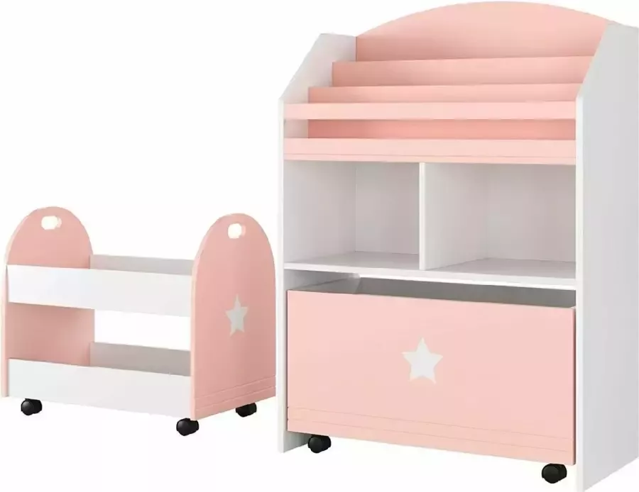 Polaza Opbergkast voor Kinderen Met Trolley Boekenkast Speelgoedkast Speelgoed Kast Spaanplaat 60x30x86 cm Roze