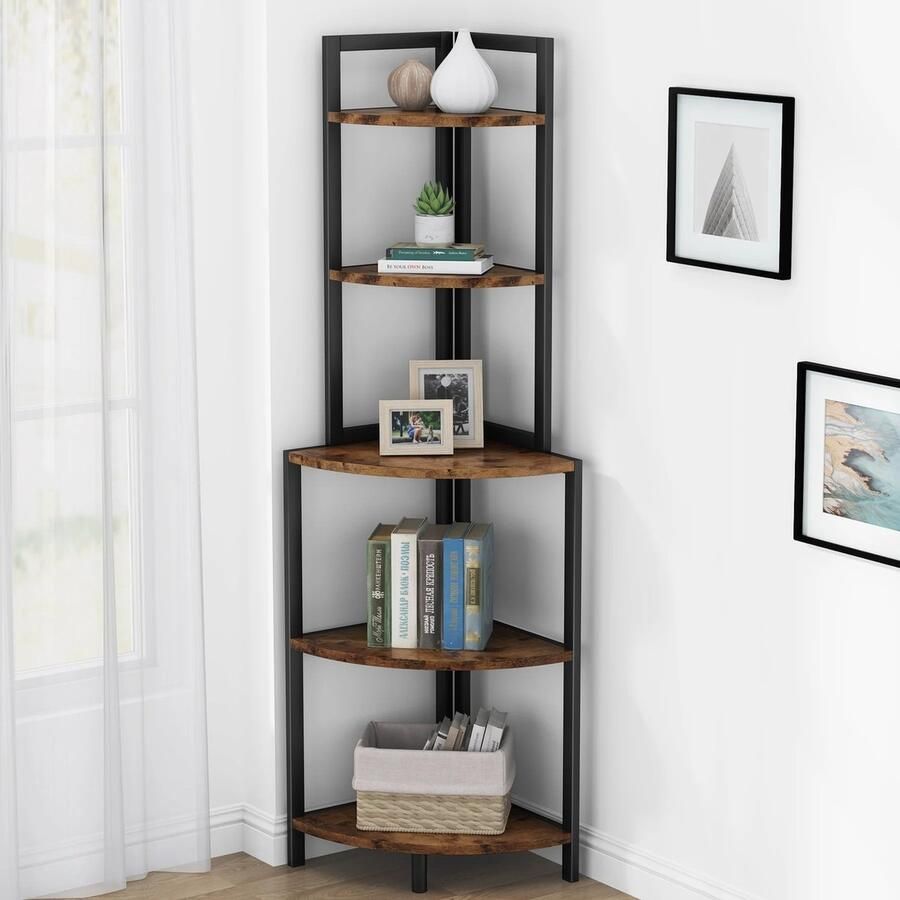 Polaza Mason Boekenkast Boekenrek Hoekkast Hoekmeubel 5 Legplanken Industrieel 34x34x125cm Zwart Vintage Bruin