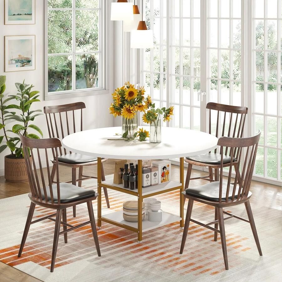 Polaza Mason Ronde Eettafel voor 4 personen Eettafel met Metalen Onderstel Rond 120cm Keukentafel voor Woonkamer Keuken Eetkamer Industrieel Wit 120 x 120 x 75cm