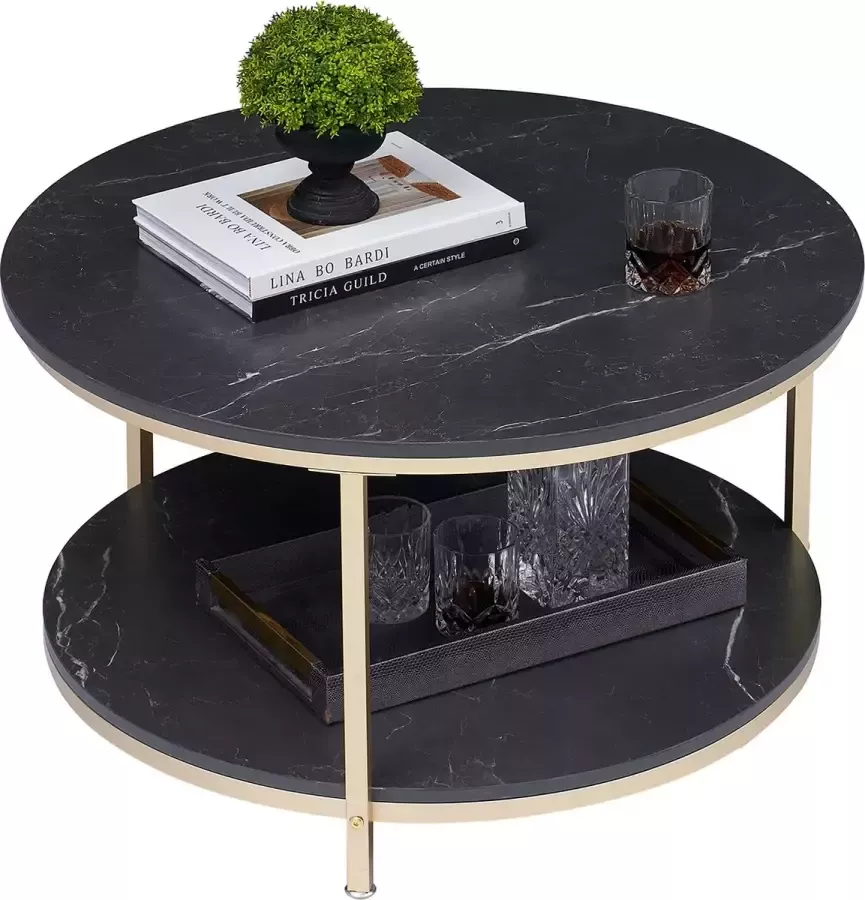 Polaza ️ Nordic Ronde Salontafel Salontafels Rond Met 2 Lagen Tafel Bijzettafel Voor Woonkamer Marmeren Look Zwart