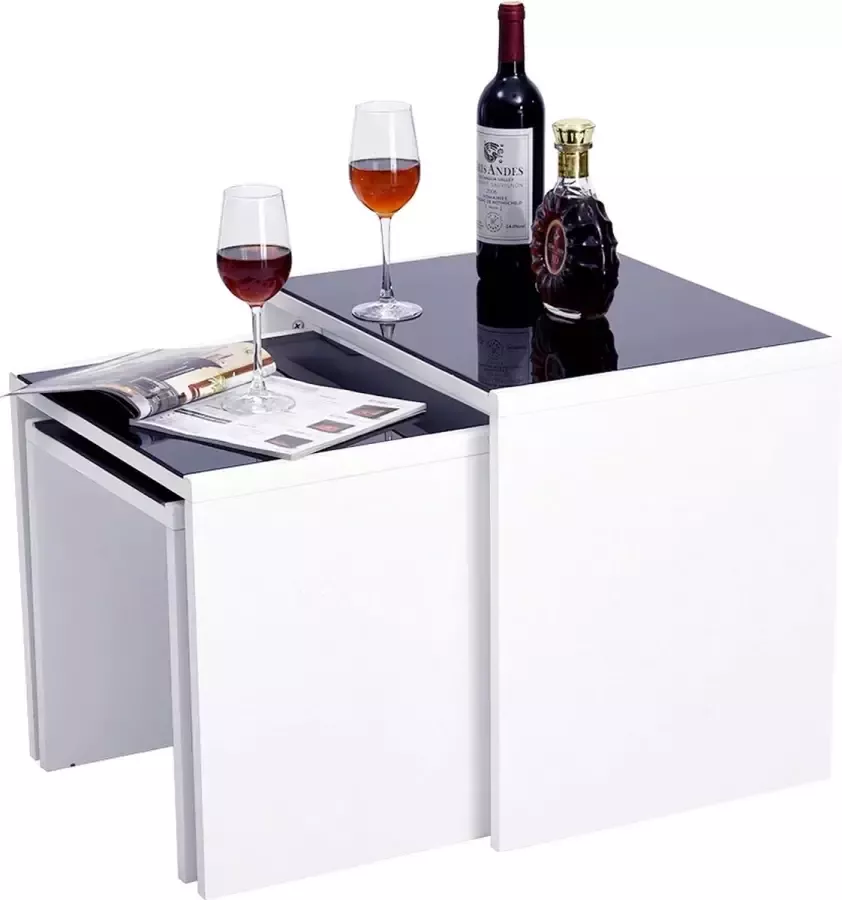 Polaza ️ Salontafel Set 3-Delig Set Met 3 Salontafels Bijzettafel Tafel Tafeltje MDF & Gehard Zwart Glas 3 Stuks Wit