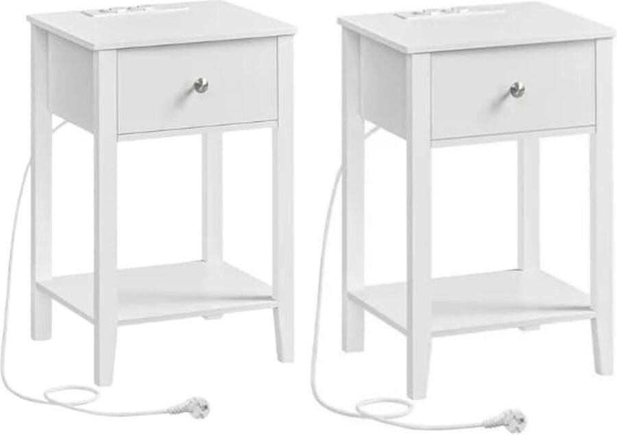 PolderGoods -Nachtkastjes set van 2-Met Oplaadfunctie -2 USB-A Poorten 2 AC-Poorten -Bamboe Bijzettafel-40x35x60cm Wit
