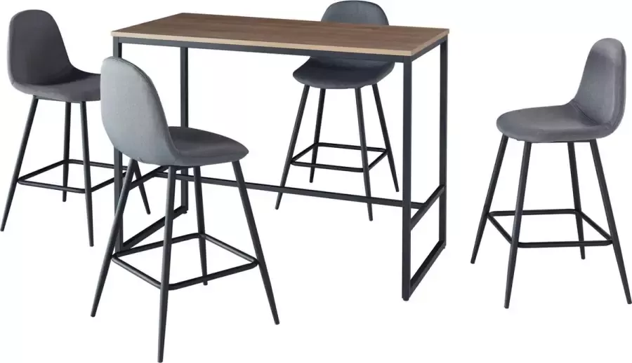 Poldimar EMOB Barset Menton 120x60 met 4 barstoelen bruin grijs Eettafels met stoelen Bruin; Grijs MDF; Metaal Eettafels met stoelen Op voorraad