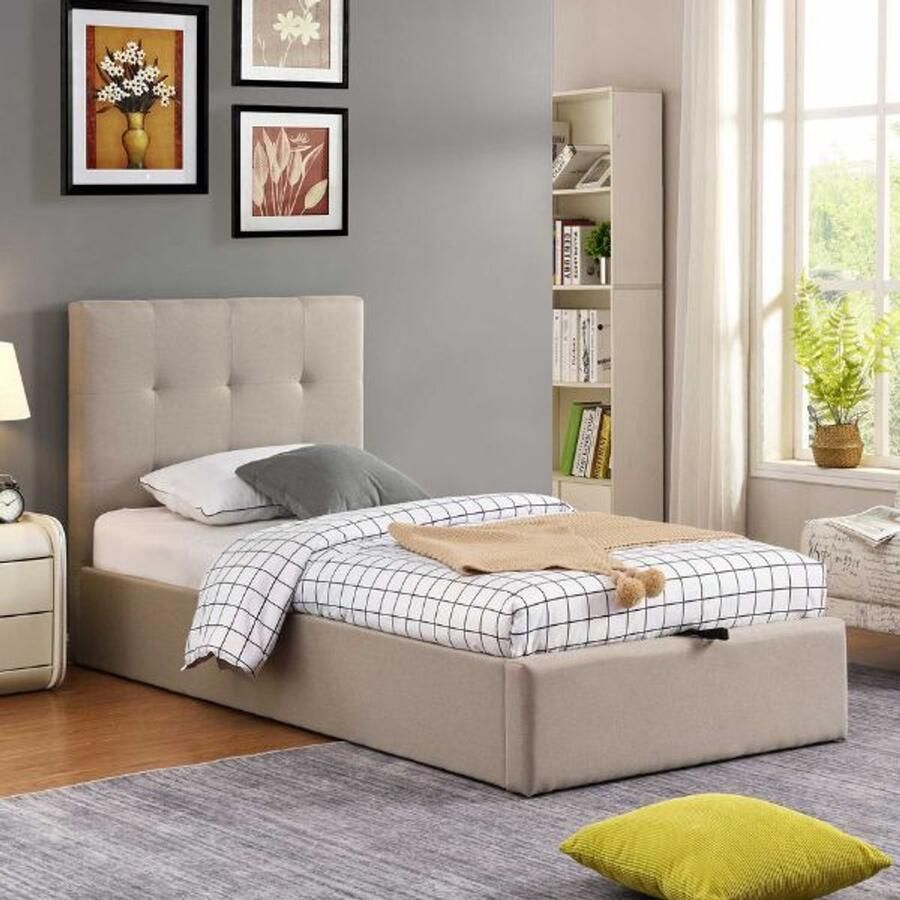 Poldimar EMOB Eenpersoonsbed Corbi met opbergruimte 90x200 zand Gestoffeerde eenpersoonsbedden Beige Polyester Gestoffeerde eenpersoonsbedden Eenpersoons Normaal bed Op voorraad - Foto 2