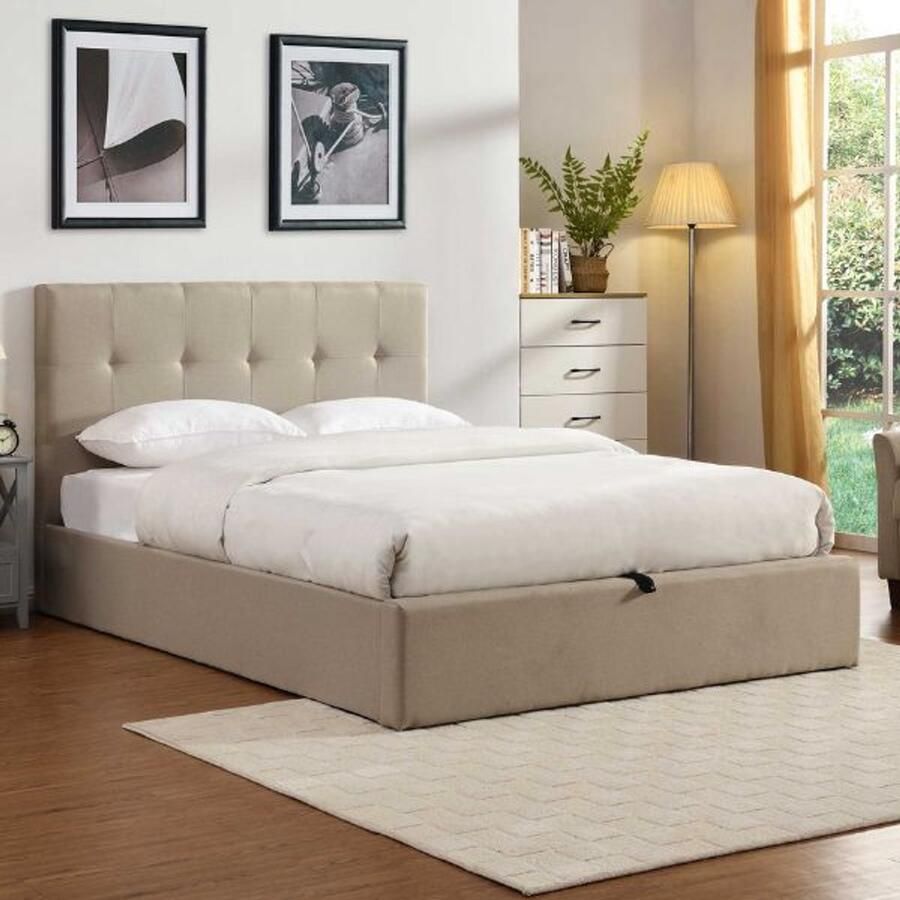 Poldimar EMOB Tweepersoonsbed Corbi met opbergruimte 160x200 zand Gestoffeerde tweepersoonsbedden Beige Polyester Gestoffeerde tweepersoonsbedden Tweepersoons Normaal bed Op voorraad