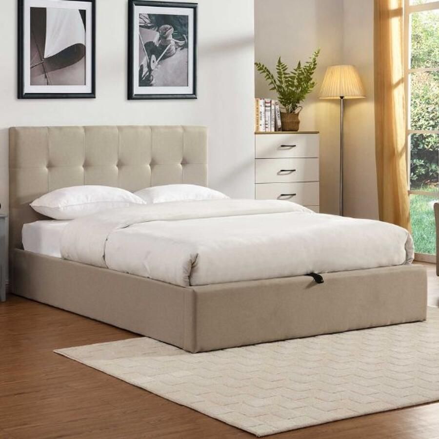 Poldimar EMOB Tweepersoonsbed Corbi met opbergruimte 180x200 zand Gestoffeerde tweepersoonsbedden Beige Polyester Gestoffeerde tweepersoonsbedden Tweepersoons Normaal bed Op voorraad - Foto 2