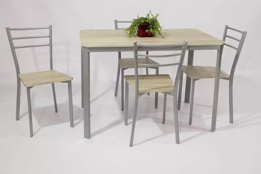 Poldimar EMOB Tafelset Arena 4 stoelen eik decor Eettafels met stoelen Bruin; Zilver MDF; Metaal Eettafels met stoelen Op voorraad - Foto 2
