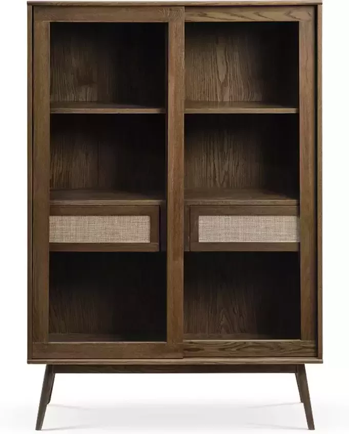 Gewoonstijl Olivine Boas Houten Vitrinekast Gerookt Eiken Glas Rotan met 3 Planken en 2 Lades Retro Japandi Buffetkast Donkerbruin 110 x 40 x 160 cm