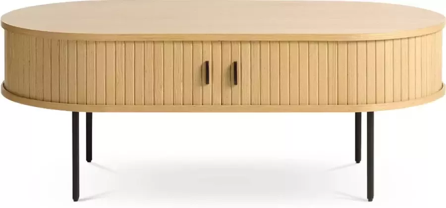 Gewoonstijl Olivine Lenn Salontafel Naturel Hout Zwarte Metalen Poten met Opbergruimte Schuifdeuren Ovaal Bruin 120 x 60 x 45 cm