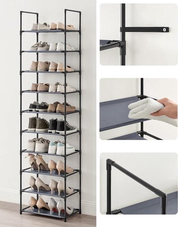 PolkaHome 10 niveaus schoenenrek schoenenopberger metalen frame planken van vliesstof voor hal slaapkamer