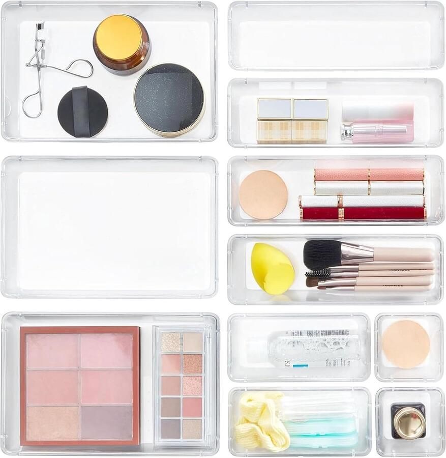 PolkaHome 11 Stuks Lade Organizer Set Doorzichtig Plastic Bureau Lade Verdelers Trays Dressoir Opbergbakken Scheidingsdoos voor Make-up Sieraden