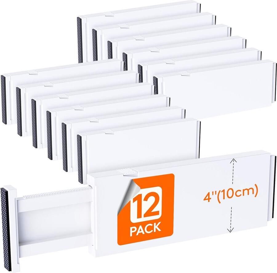 PolkaHome 12 Pack Ladeverdelers Plastic 10 cm Hoog 28-44 5 cm Verstelbare Lade Organisers voor Kleding Uitbreidbare Ladeverdelers in Slaapkamer Badkamer Keuken Kantoor
