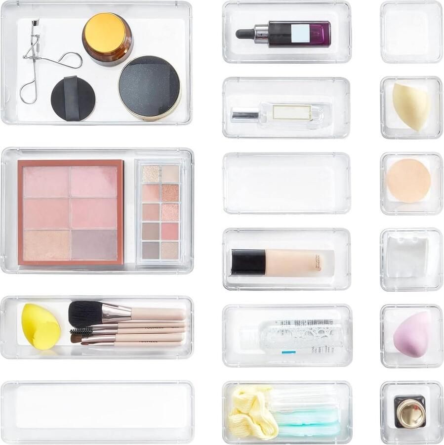 PolkaHome 16 Stuks Lade Organizer Set Doorzichtig Plastic Bureau Lade Verdelers Trays Dressoir Opbergbakken Scheidingsdoos voor Make-up Sieraden