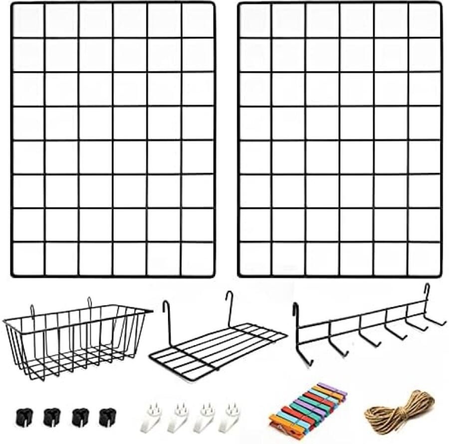 PolkaHome 2-Pack Wandrek Set met Accessoires Inclusief Mand Rekje en Ophangrek Memobord Industrieel Fotorek Voor Studentenkamer Keuken Gang Woonkamer Studeerkamer Badkamer WC Zwart