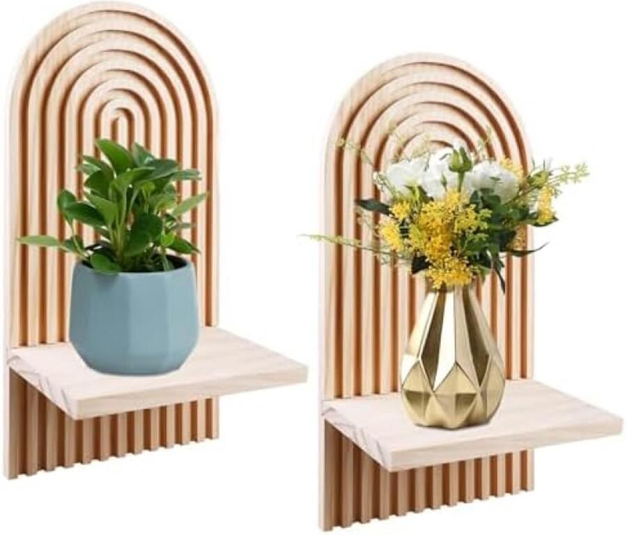 PolkaHome 2 Sets Boho Houten Wandplanken Wandrek Moderne Wanddecoratie Kleine Zwevende Planken Regenboog Wandplanken Woondecoratie voor Slaapkamer Woonkamer en Badkamer (Houtkleur)