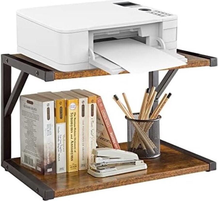 PolkaHome 2-Tier Desktop Printer Standhouder Multifunctionele Bureau Organizer Opbergplank Boekenplank Printer Plank voor Faxmachine Scanner Bestanden Boeken Magnetron Rustiek