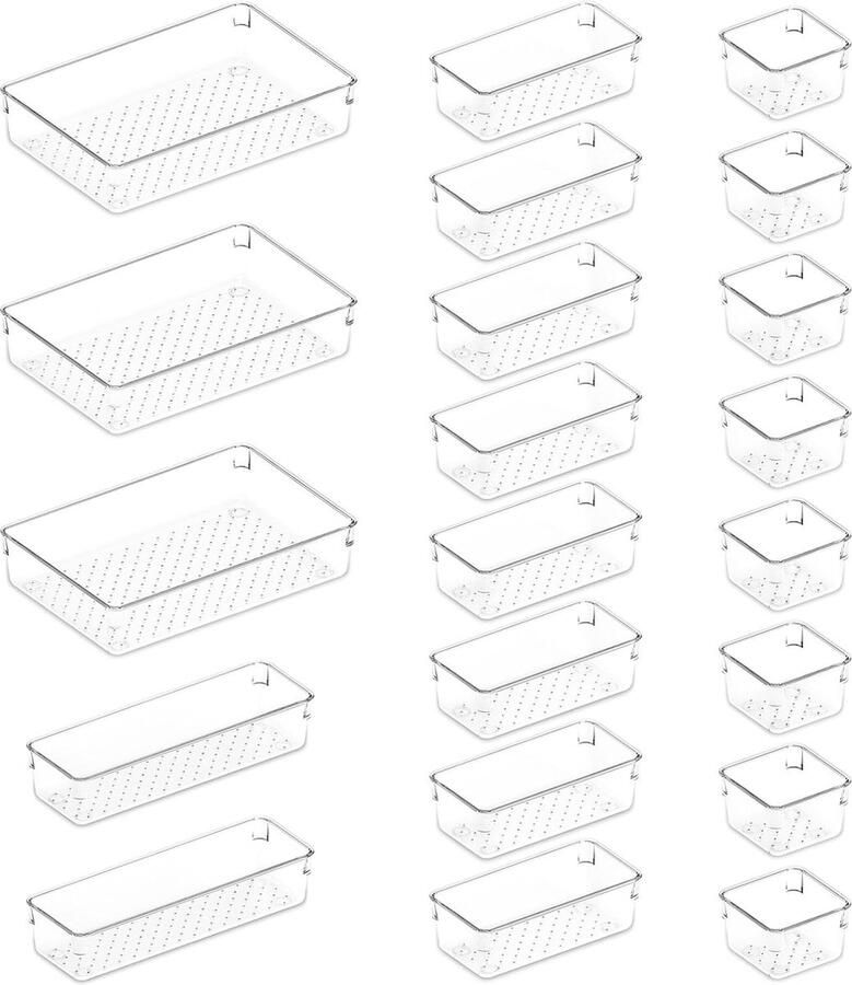 PolkaHome 21 Stuks Lade Organizer Set Doorzichtig Plastic Bureau Lade Verdelers Trays Dressoir Opbergbakken Scheidingsdoos voor Make-up Sieraden