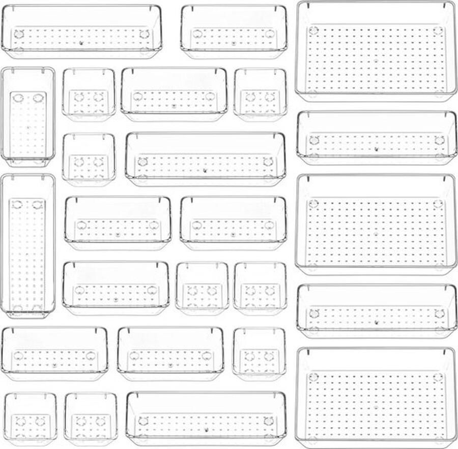 PolkaHome 25 stuks transparant opbergsysteem 4 maten kunststof opbergdozen lade-organizer plastic make-uporganizer voor badkamer cosmetica make-uptafel keuken kantoor pennenbakjes helder