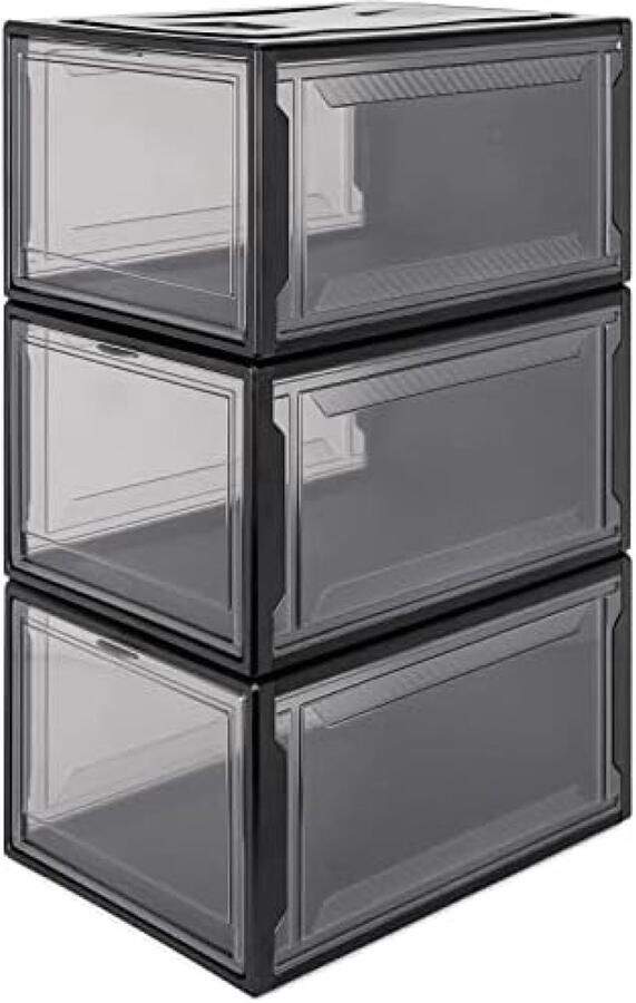 PolkaHome 3-delige Schoenbox Set Stapelbare Schoenenorganizer Kunststof Doos met Doorzichtige Deur Herbruikbare Schoenenopslag 37 x 26 x 20 cm Geschikt voor Schoenen tot Zwart