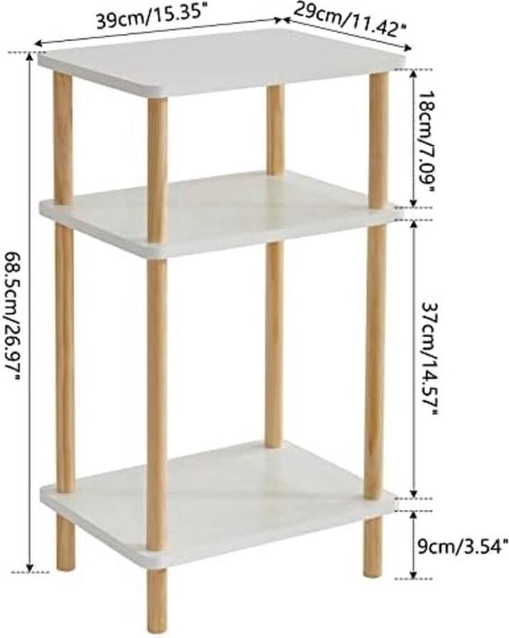 PolkaHome 3-laags bijzettafel smalle bijzettafel met opbergplank nachtkastje voor kleine ruimtes slaapkamer woonkamer entree boerderij montage zonder gereedschap