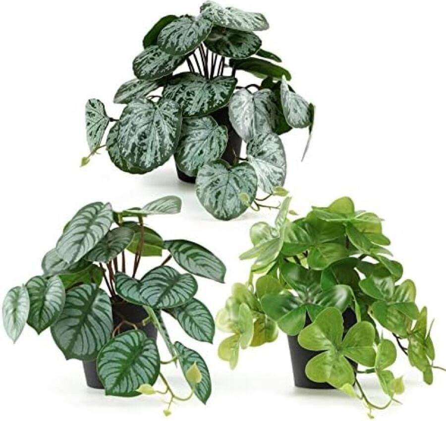 PolkaHome 3 stuks kunstplanten set realistische nepplanten voor binnen en buiten kleine kunstplanten met pot voor woonkamer bureau badkamer en meer groene set