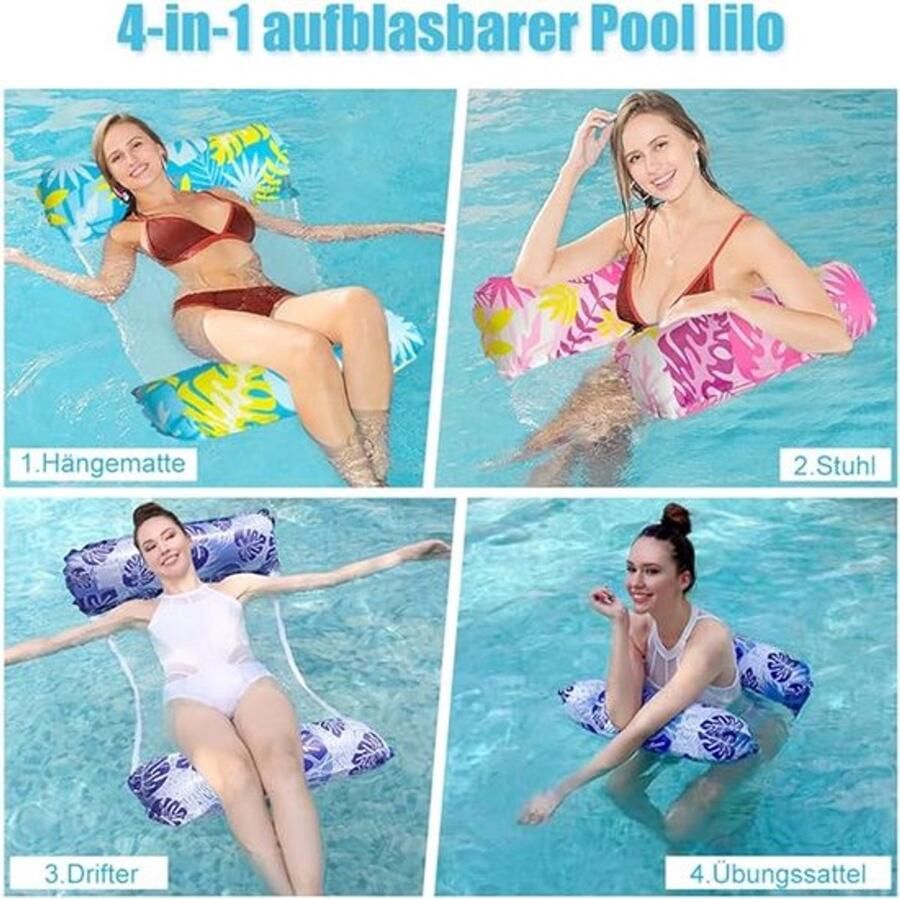PolkaHome 3 stuks waterhangmat met 2 luchtpompen 130 x 70 cm opblaasbaar luchtmatras met net 4-in-1 zwembad luchtmatrassen matras voor volwassenen zwemstoel waterligstoel zwembadaccessoires speelgoed