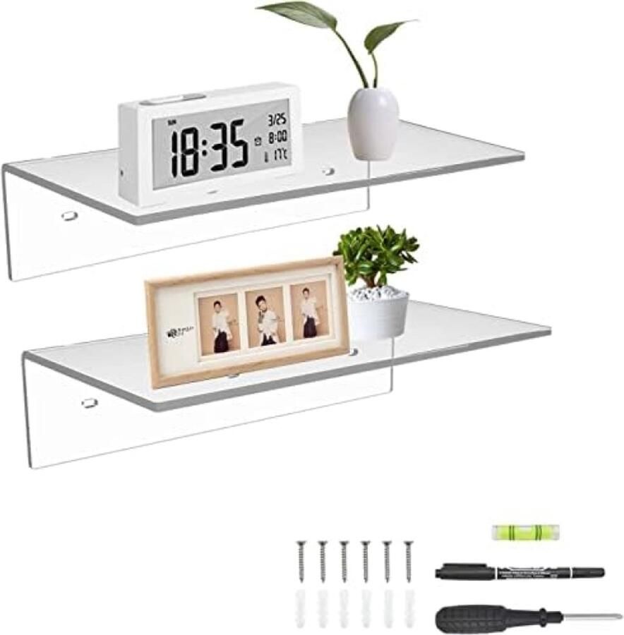PolkaHome 30 cm Transparante Acryl Wandplanken Set van 2 Zwevende Planken voor Badkamer Woonkamer Funko Pop Boeken en Meer