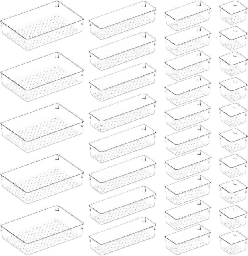 PolkaHome 33Stuks Lade Organizer Set Doorzichtig Plastic Bureau Lade Verdelers Trays Dressoir Opbergbakken Scheidingsdoos voor Make-up Sieraden