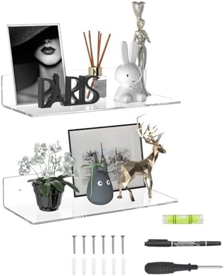 PolkaHome 38 cm transparante acryl wandplanken set van 2 multifunctionele drijvende planken voor slaapkamer badkamer woonkamer ideaal voor decoratie planten boeken en meer