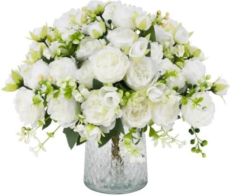 PolkaHome 4 Kunstmatige Pioenrozen Boeketten met 20 Knoppen Witte Zijden Bloemen voor Bruiloft Thuis Tafel Feest en Raamdecoratie