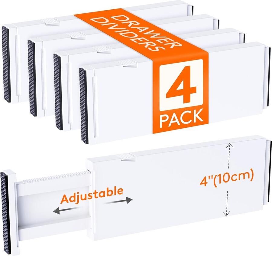 PolkaHome 4 Pack Ladeverdelers Plastic 10 cm Hoog 28-44 5 cm Verstelbare Lade Organisers voor Kleding Uitbreidbare Ladeverdelers in Slaapkamer Badkamer Keuken Kantoor