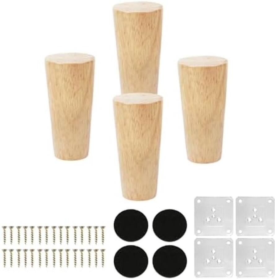 PolkaHome 4 stuks 10 cm eiken houten meubelpoten conische tafelpoten met montageplaat en antislip pads voor bank kast bed tafel commode