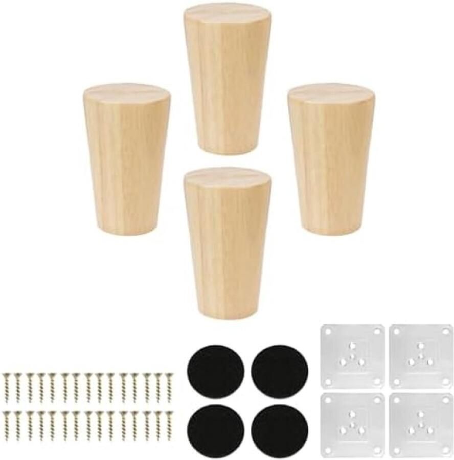 PolkaHome 4 stuks 8 cm conische meubelpoten van eikenhout voor tafels banken kasten en meer inclusief montageplaat en antislip pads
